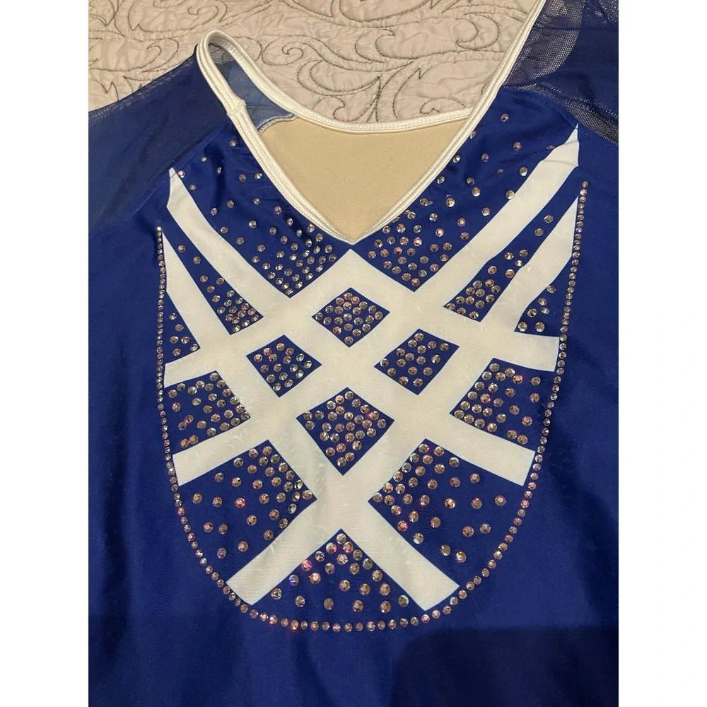 OZone Blue White Rhinestone Long Sleeve Gymnastics Leotard Adult XL